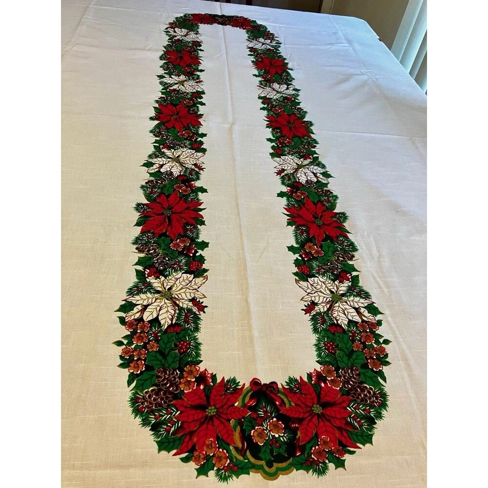 Vintage Sunweave Linens Christmas Tablecloth Poinsettias 60” X 100” - 80s